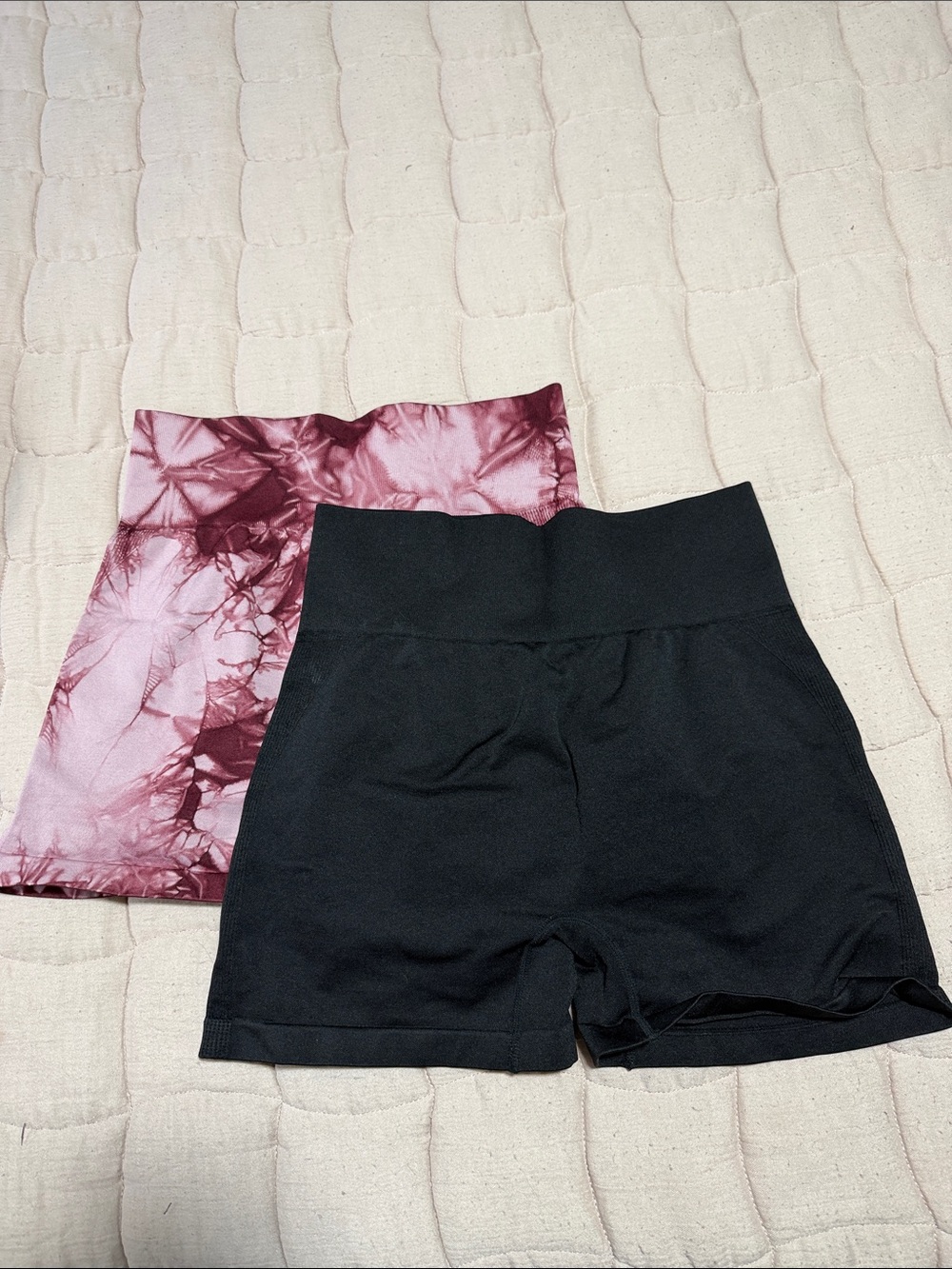 Amazon Women's Black High-Waist Bike Shorts with Maroon Tie-Dye Waistband